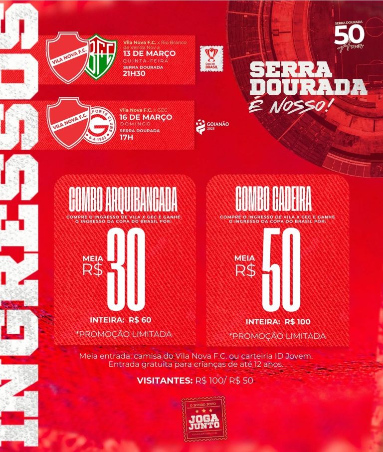 O Vila Nova divulgou um combo promocional para os próximos confrontos da temporada. Os torcedores poderão adquirir ingressos para os jogos contra Rio Branco (ES), pela Copa do Brasil, e Goiás, pelo Goianão, com uma única compra.