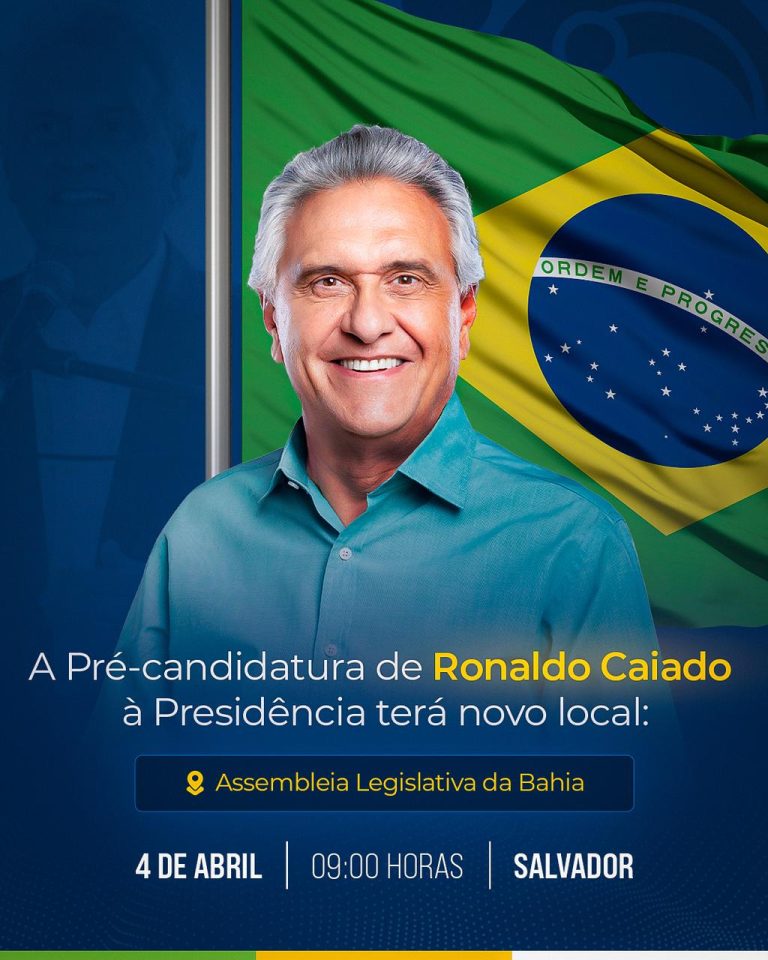 O governador do Estado de Goiás, Ronaldo Caiado (União Brasil), confirmou a realização do lançamento de sua pré-candidatura à Presidência da República, marcado para o dia 4 de abril, às 9h, em Salvador (BA)