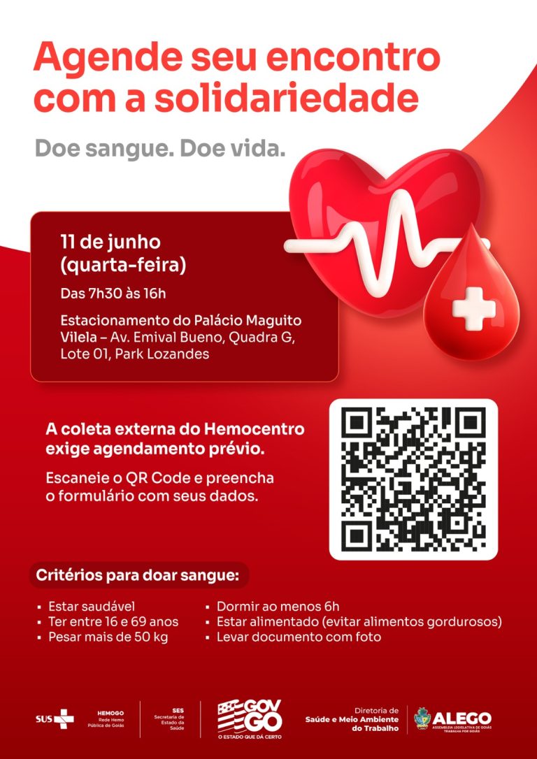 Em parceria com o Hemocentro, Alego realiza campanha de coleta de sangue no próximo dia 11. É necessário agendar a doação.