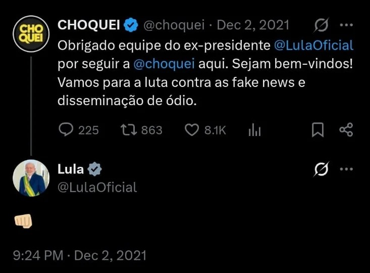 Interação de Lula com perfil em 2021.
